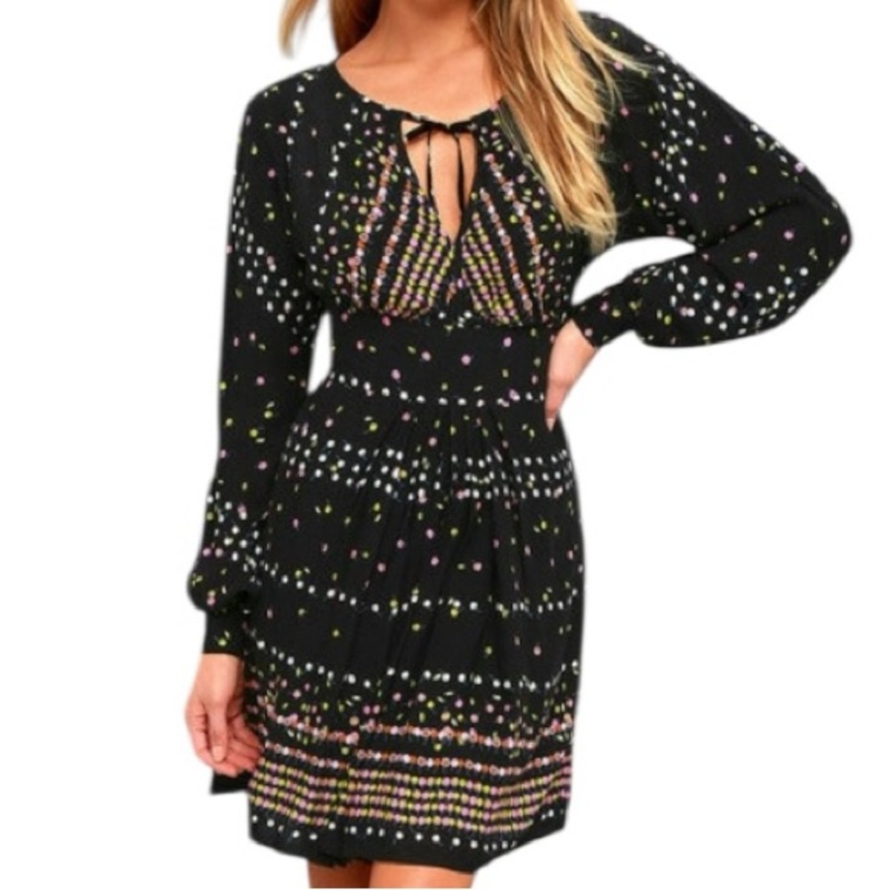 Free People Coryn Boho Long Sleeve Printed Mini Dress‎ Black Size 6 Festival